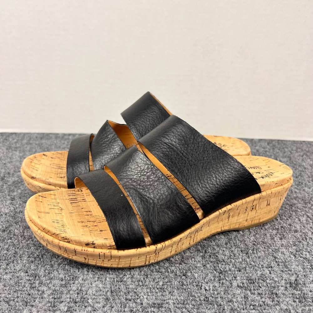 Kork-Ease Black Leather Triple Strap Cork Wedge Slide Sandals K45503 Womens 9M